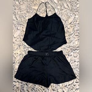 Victoria Secret Black Satin Tank and Leopard Shorts Set